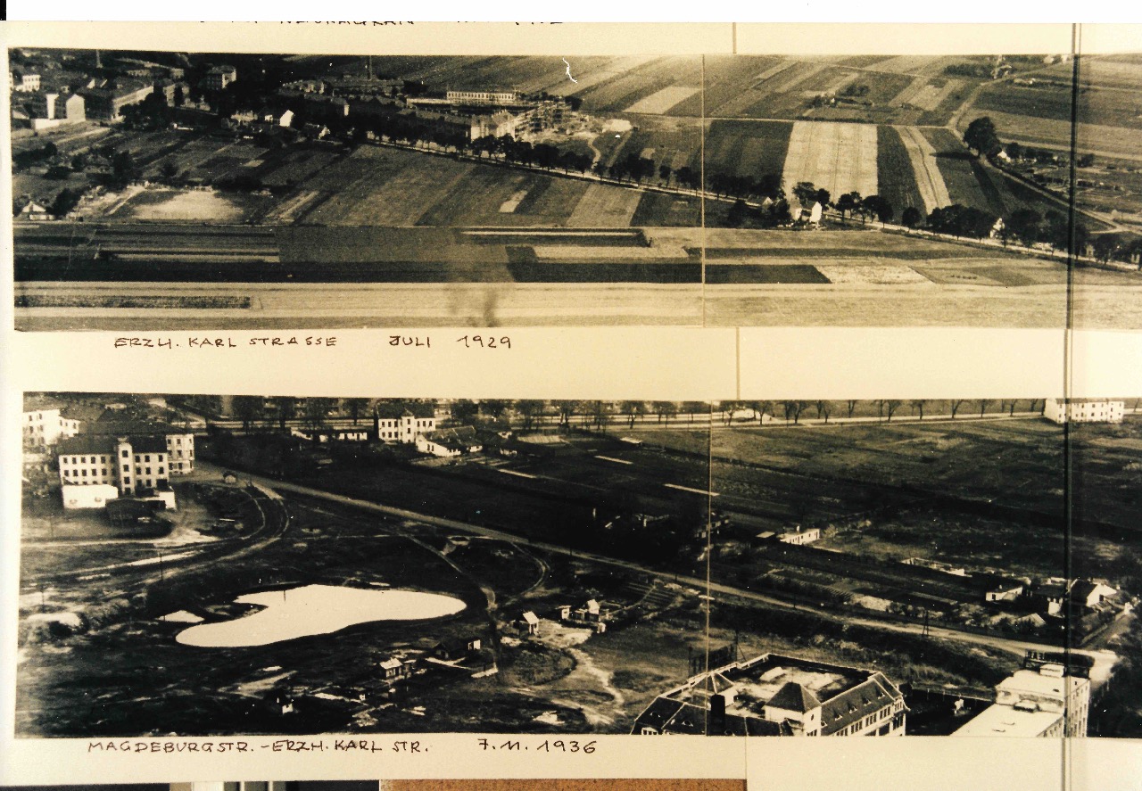 Zwei Luftbilder der Erzherzog-Karl-Straße von 1929 und 1936